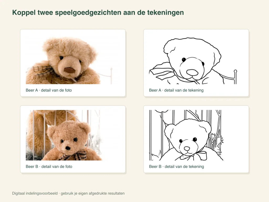 Zoek twee speelgoedgezichten bij hun tekeningen: lay-out voor papieren activiteiten