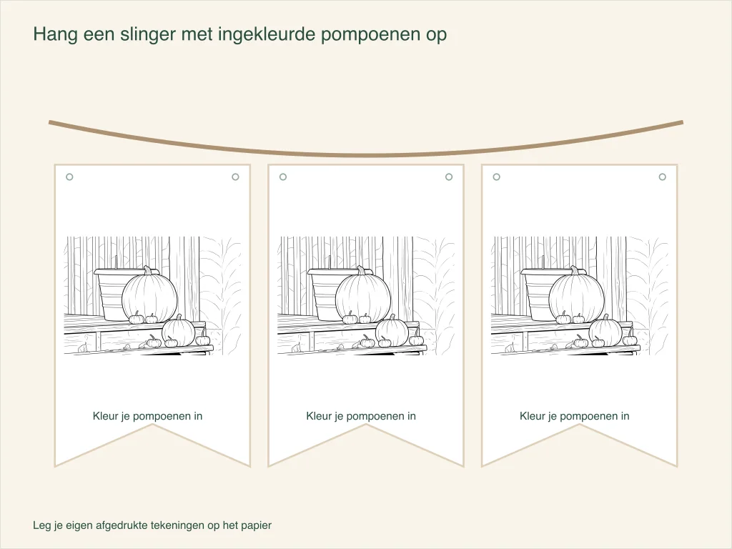 Een tekening van een veranda met pompoenen op drie papieren vlaggetjes met gaatjes voor een koord