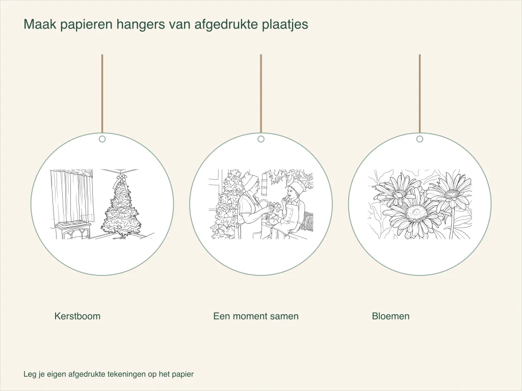 Drie papieren hangers met een kerstboom, een familiemoment en bloemen, elk met een ophanglus