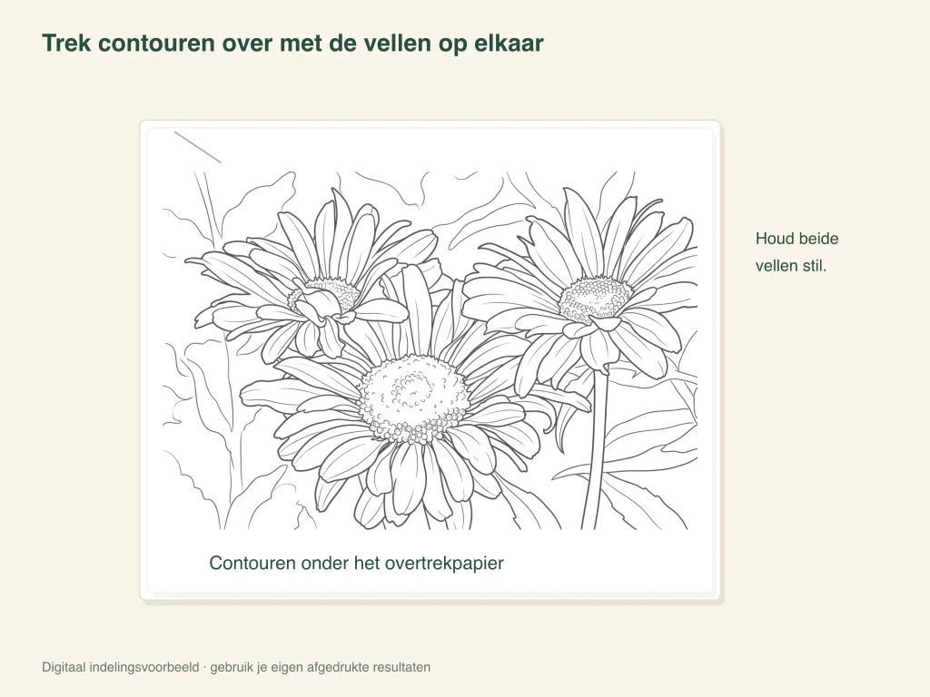 Bloemencontouren onder een doorschijnend vel dat stil wordt gehouden om over de contouren te tekenen