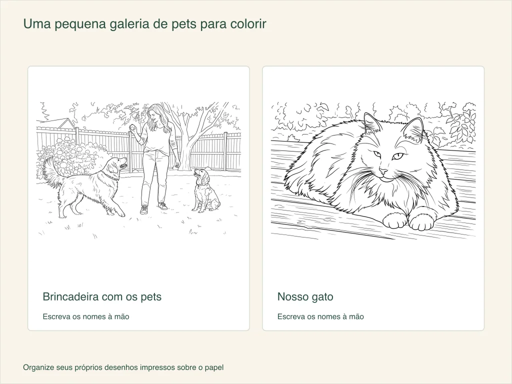 Duas folhas para uma galeria de pets: uma pessoa brinca com dois cães e um gato descansa sobre tábuas; há espaços para escrever os nomes