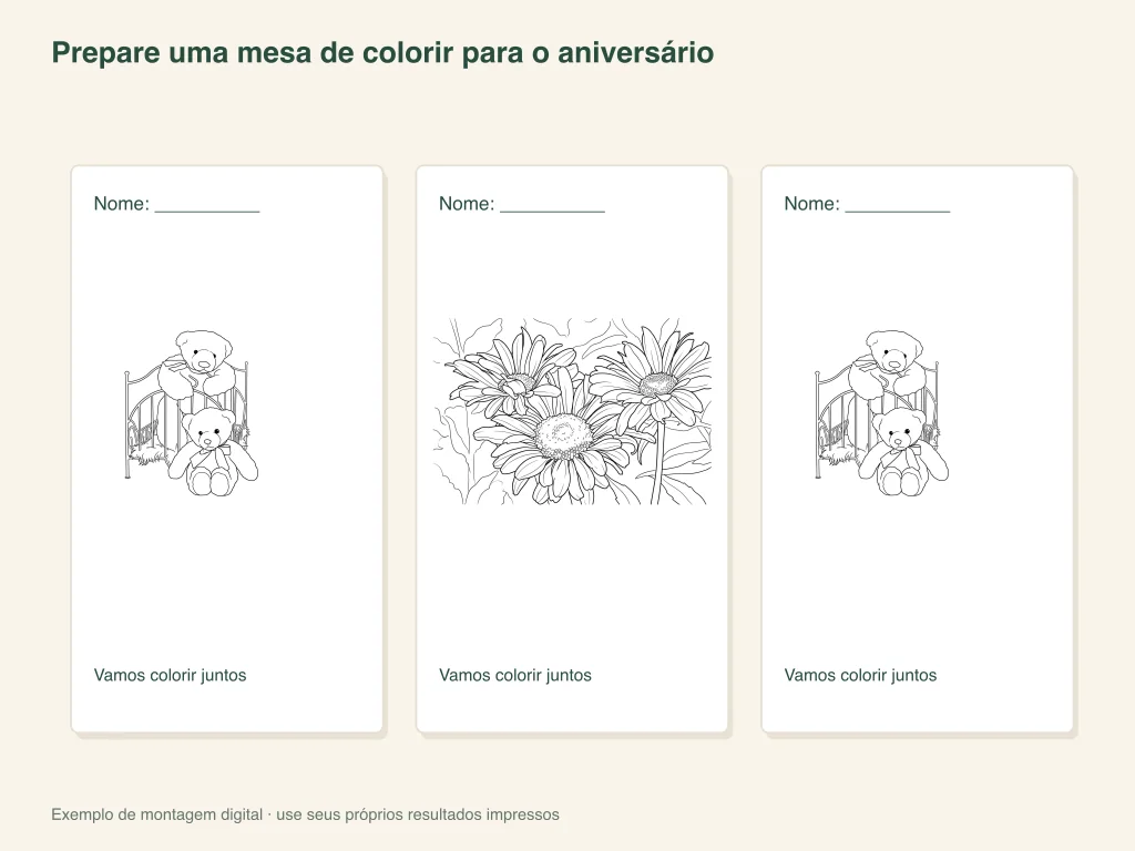 Exemplo em papel de uma mesa com atividade de colorir no aniversário