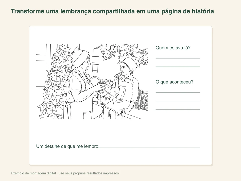 Exemplo de atividade em papel que combina um retrato de um momento compartilhado com uma lembrança escrita