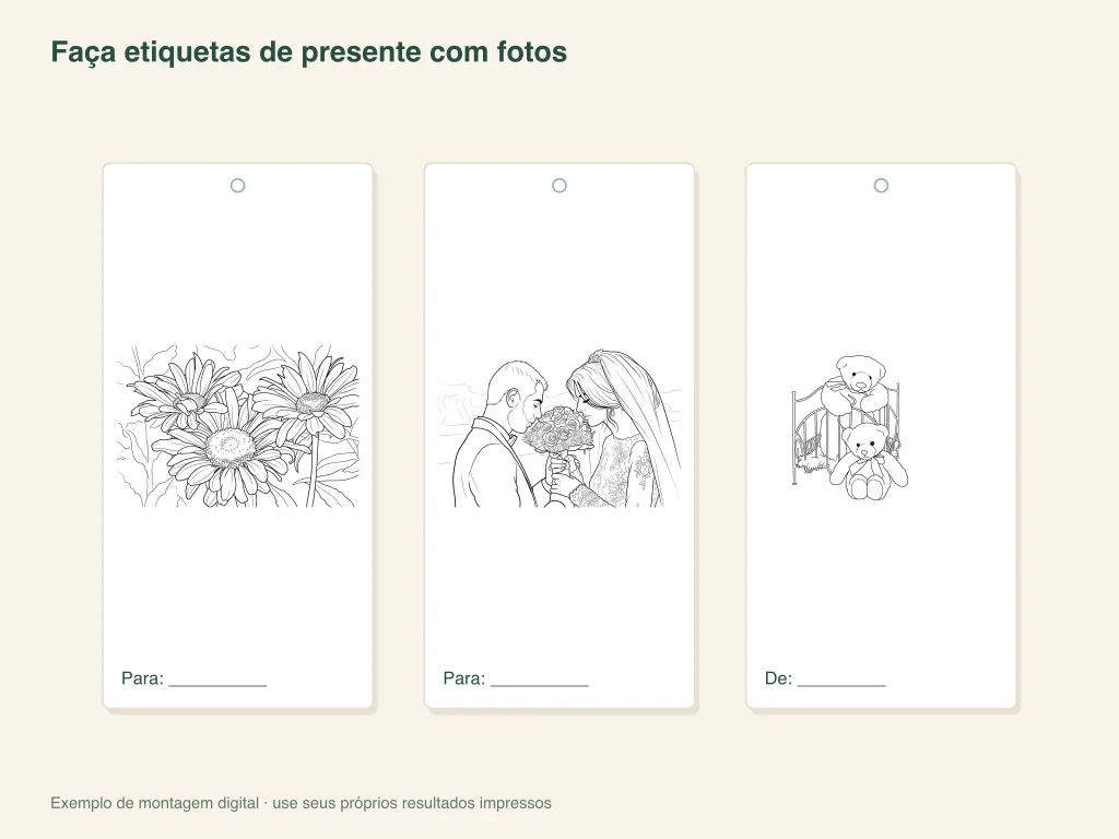 Faça um conjunto de etiquetas fotográficas para presente: layout de atividades em papel