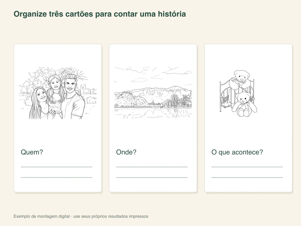 Organize três cartões para contar histórias: layout de atividades em papel