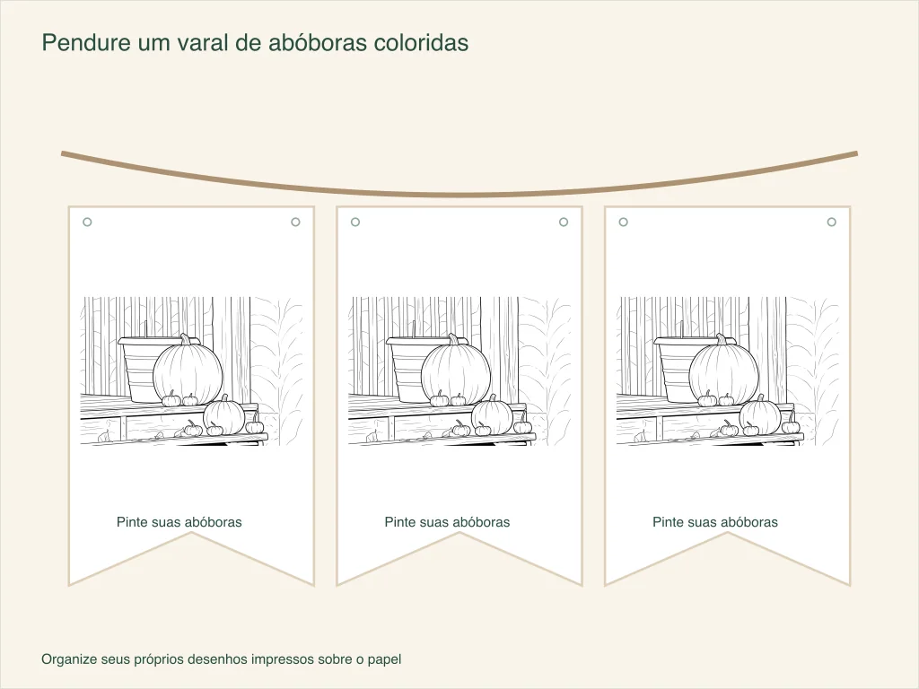 Desenho de uma varanda com abóboras repetido em três bandeirinhas de papel com furos para o barbante