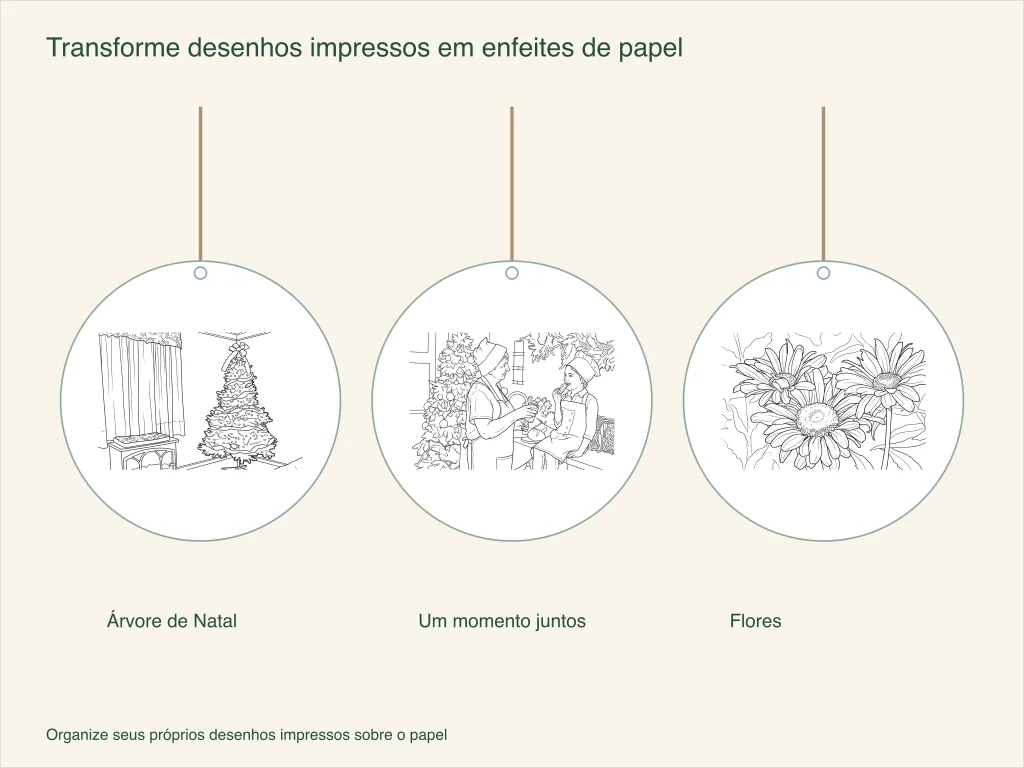 Três modelos de enfeites de papel com uma árvore de Natal, um momento em família e flores, cada um com uma alça para pendurar