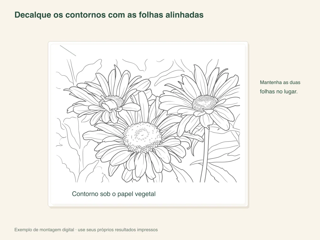 Contornos de flores sob uma folha translúcida mantida imóvel para desenhar sobre os contornos