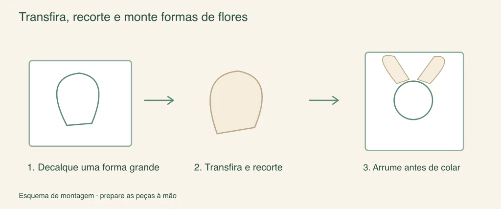 Transferir, cortar e montar formas de flores: etapas de montagem ilustradas