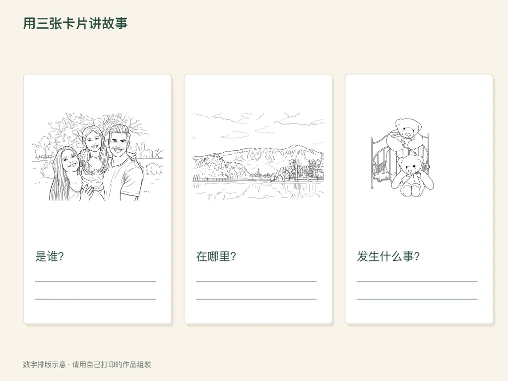 排列三张故事卡的纸面活动示意