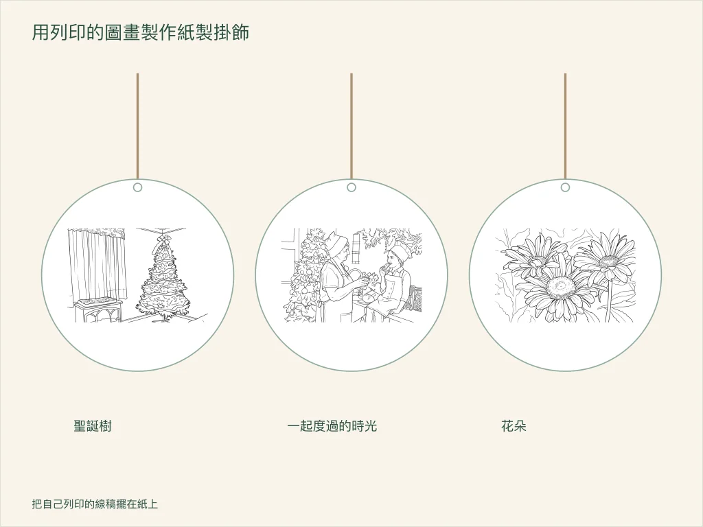 三款帶掛環的紙飾品，分別放入聖誕樹、家人相處的時刻和花朵圖