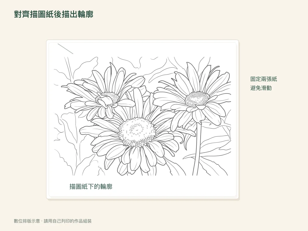 花朵線稿上蓋著固定好的半透明紙，準備描圖