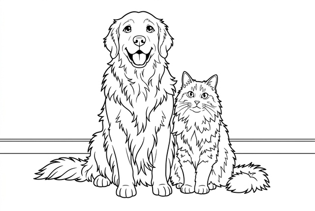 Anime black-and-white drawing of the seated dog and cat
