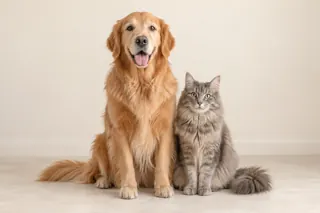 A golden retriever sitting beside a gray long-haired cat