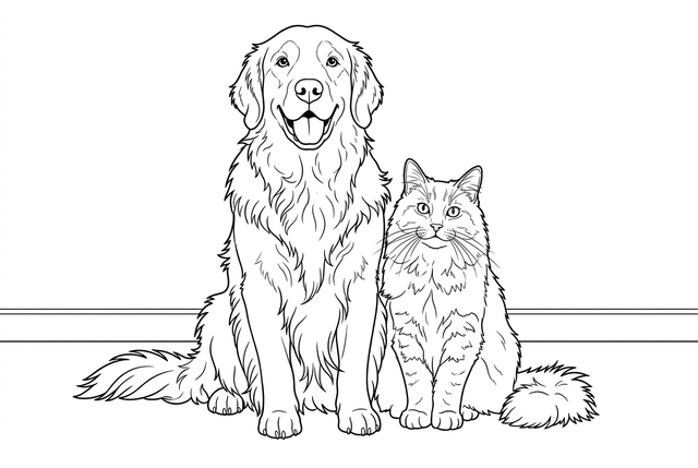 Black outlines of the seated dog and cat, with open areas for coloring · Line detail: Detailed