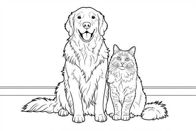 Black outlines of the seated dog and cat, with open areas for coloring · Line weight: Bold