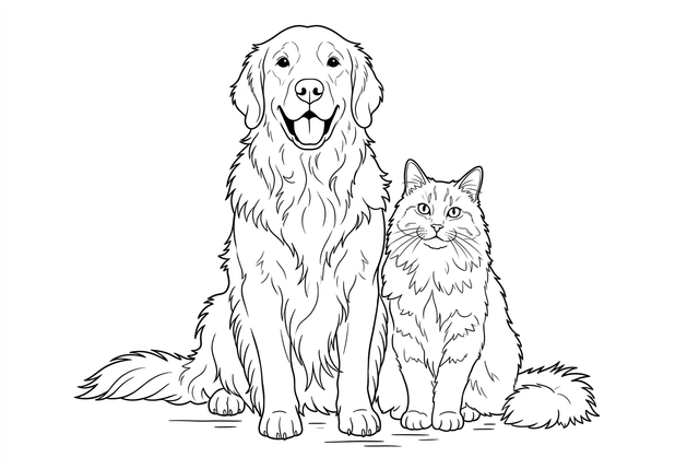 Black outlines of the seated dog and cat, with open areas for coloring · Background: Simplify background