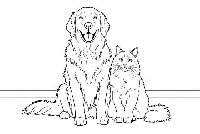 Black outlines of the seated dog and cat, with open areas for coloring · Line detail: Simple