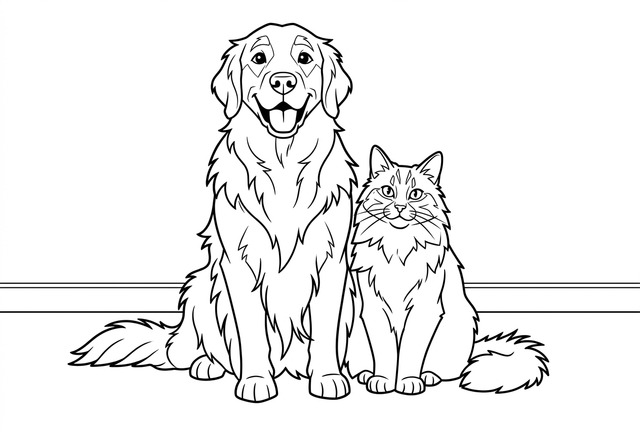 Comic black-and-white drawing of the seated dog and cat