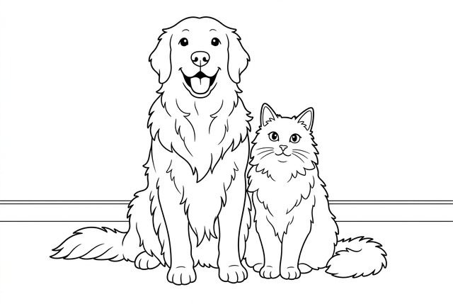 Kawaii black-and-white drawing of the seated dog and cat
