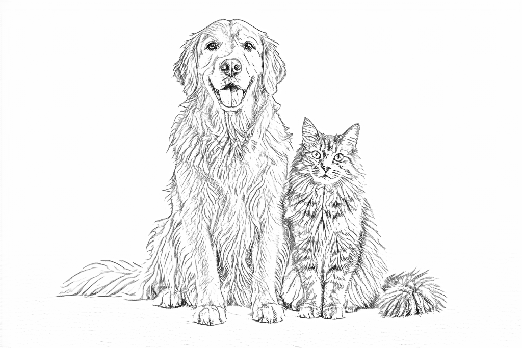 Outlines of the seated dog and cat, including fine fur details