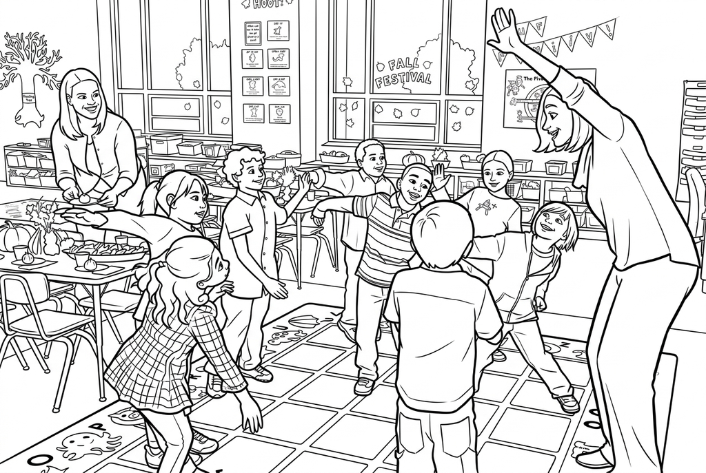 Real comic AI drawing of teachers and children taking part in a classroom movement activity