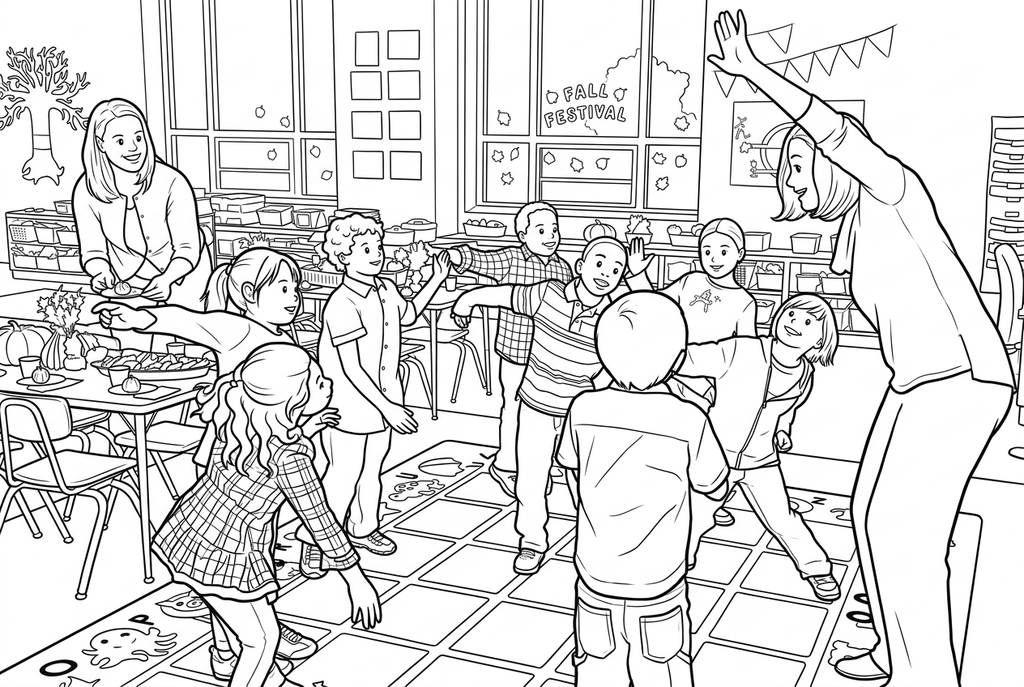 Real kawaii AI drawing of teachers and children taking part in a classroom movement activity