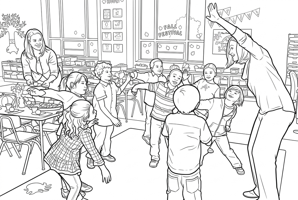 Real Classic Simple AI drawing of teachers and children stretching in a classroom