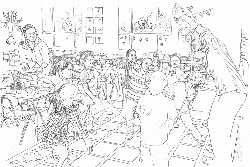 Real Free outlines of the classroom activity, including faces, carpet texture and furniture edges