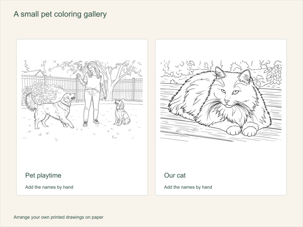 Two paper pictures for a pet coloring gallery: a person playing with two dogs and a cat resting on boards, with spaces to add names