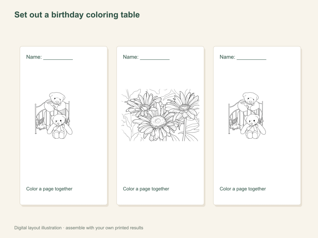 Set out a birthday coloring table: paper activity layout