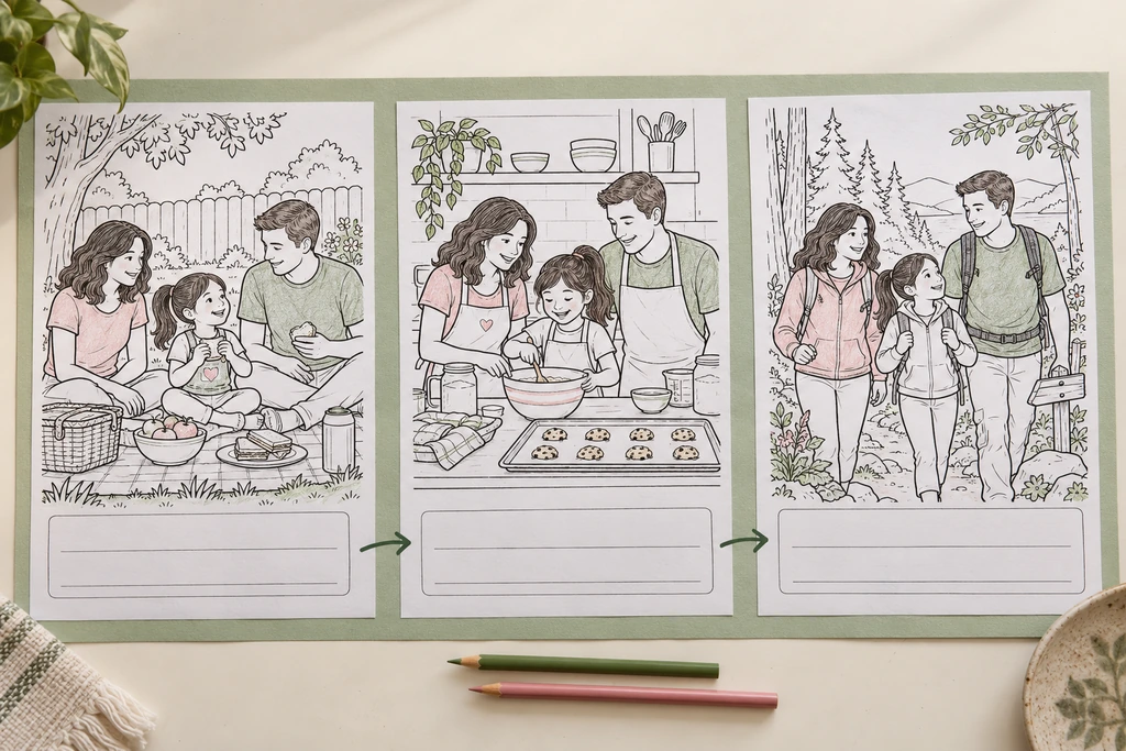 A sample family memory timeline with three partly colored drawings of the same fictional family picnicking, baking and walking in woodland, connected by arrows above blank writing spaces