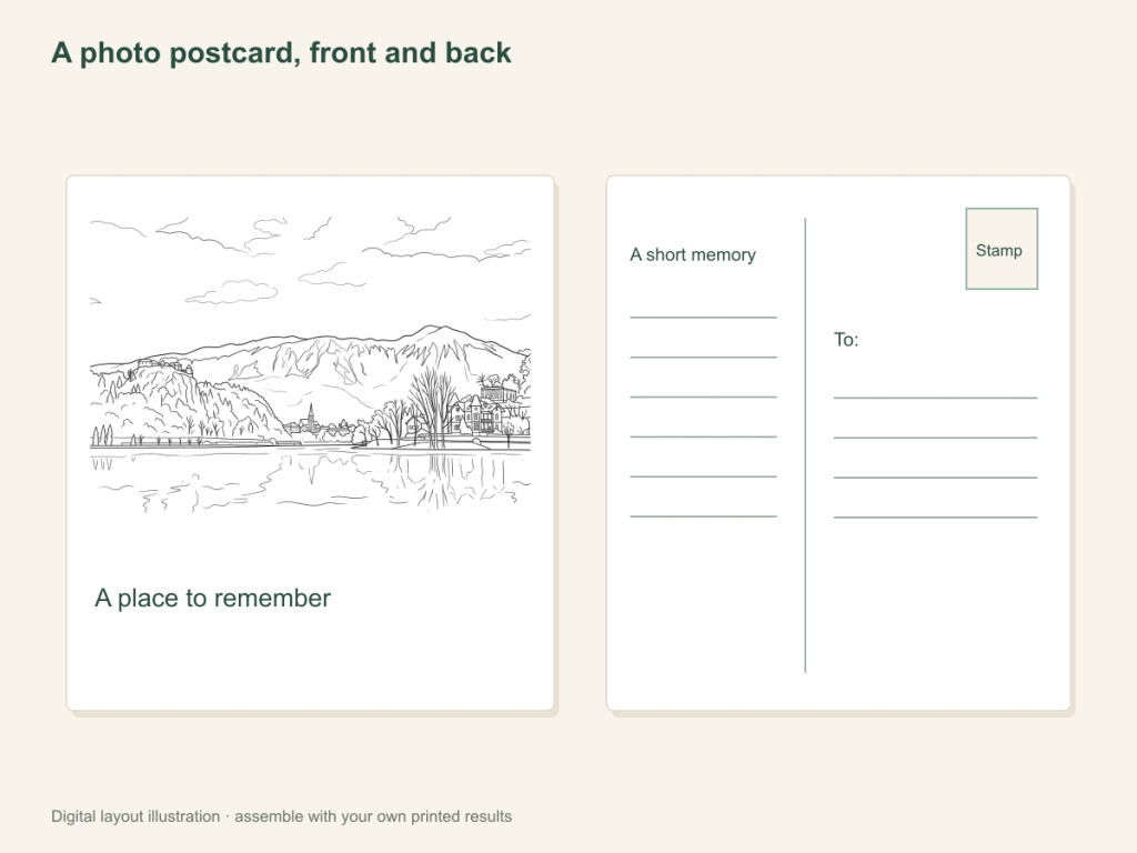 A photo postcard, front and back: paper activity layout