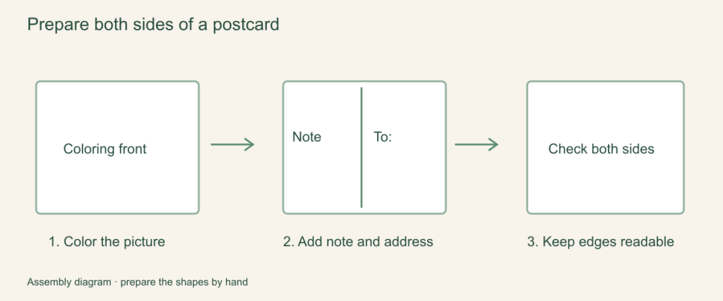 Prepare both sides of a postcard: illustrated assembly steps