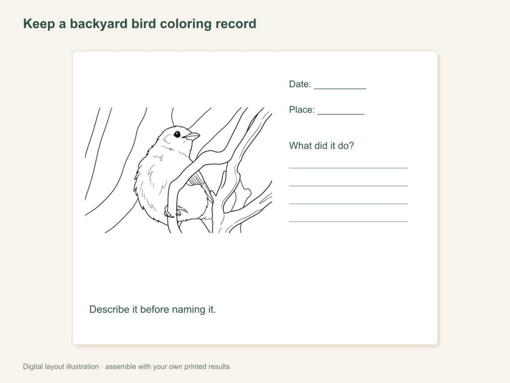 Keep a backyard bird coloring record: paper activity layout