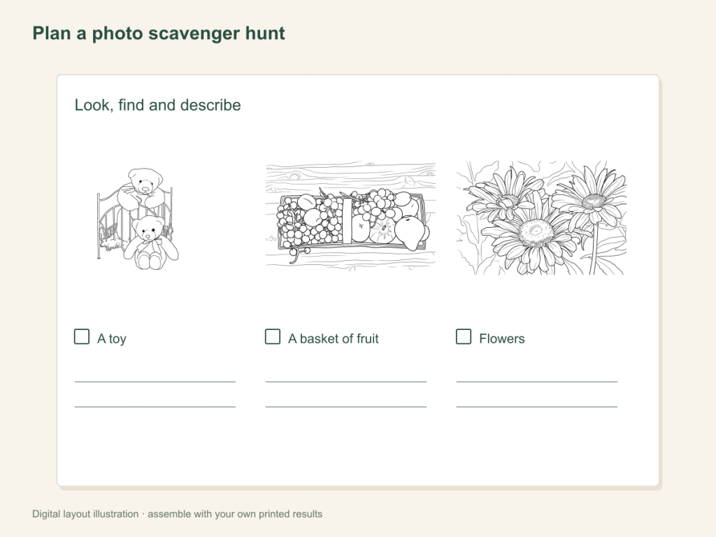 Plan a photo scavenger hunt: paper activity layout
