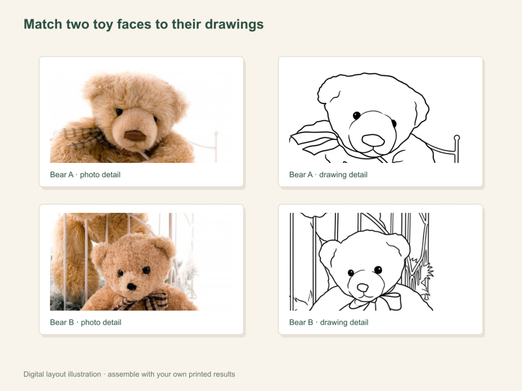 Match two toy faces to their drawings: paper activity layout
