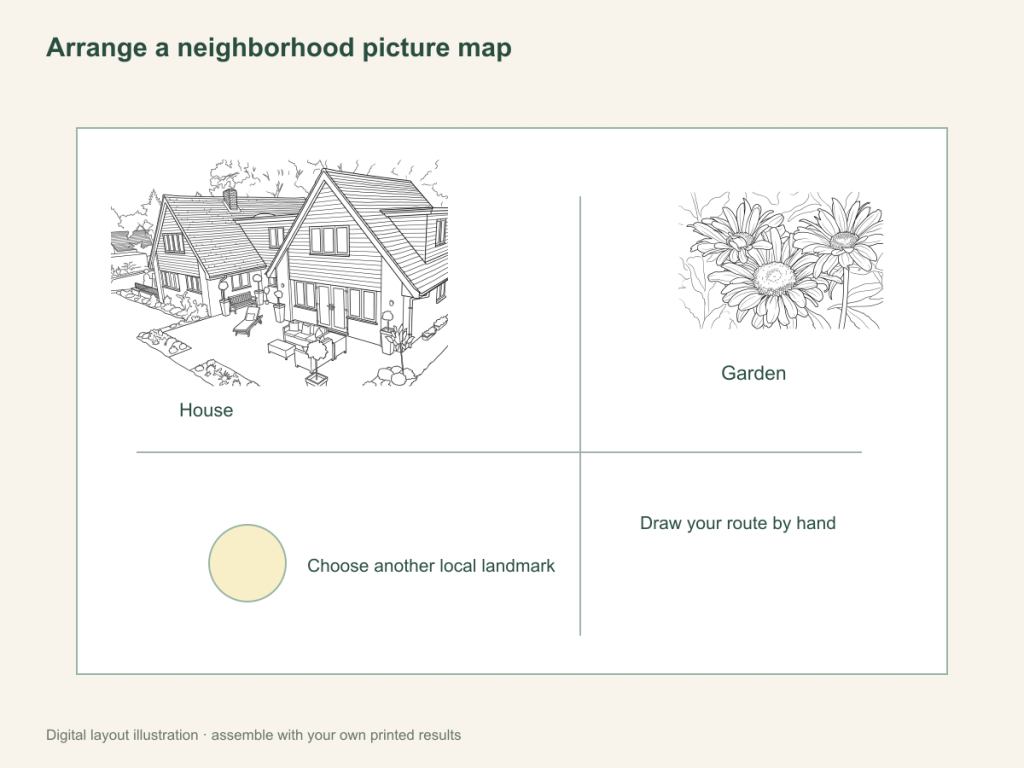 Arrange a neighborhood picture map: paper activity layout
