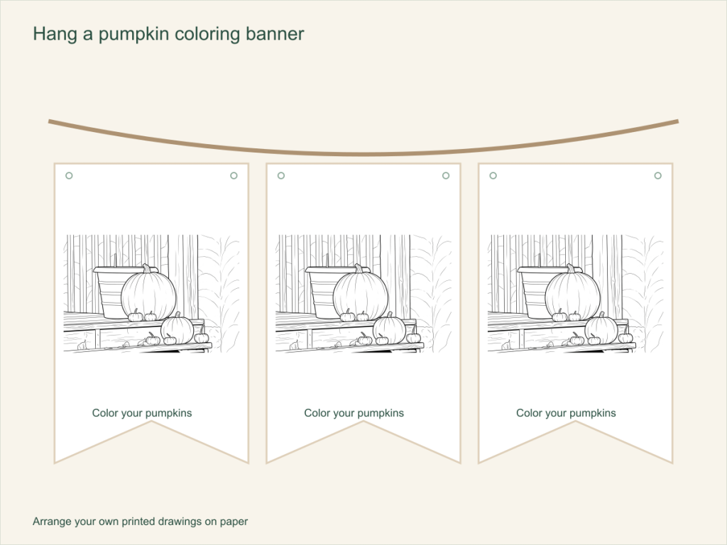 A pumpkin porch drawing repeated on three paper banner flags with holes for string