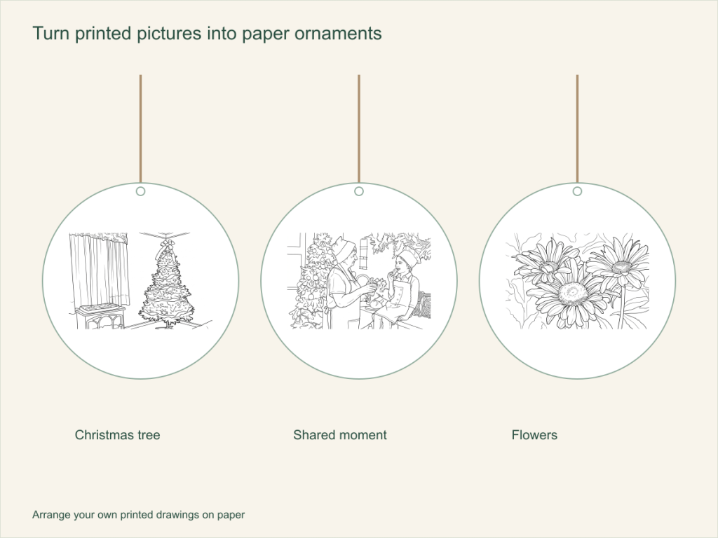 Three paper ornament layouts with a Christmas tree, a shared family moment and flowers, each with a hanging loop