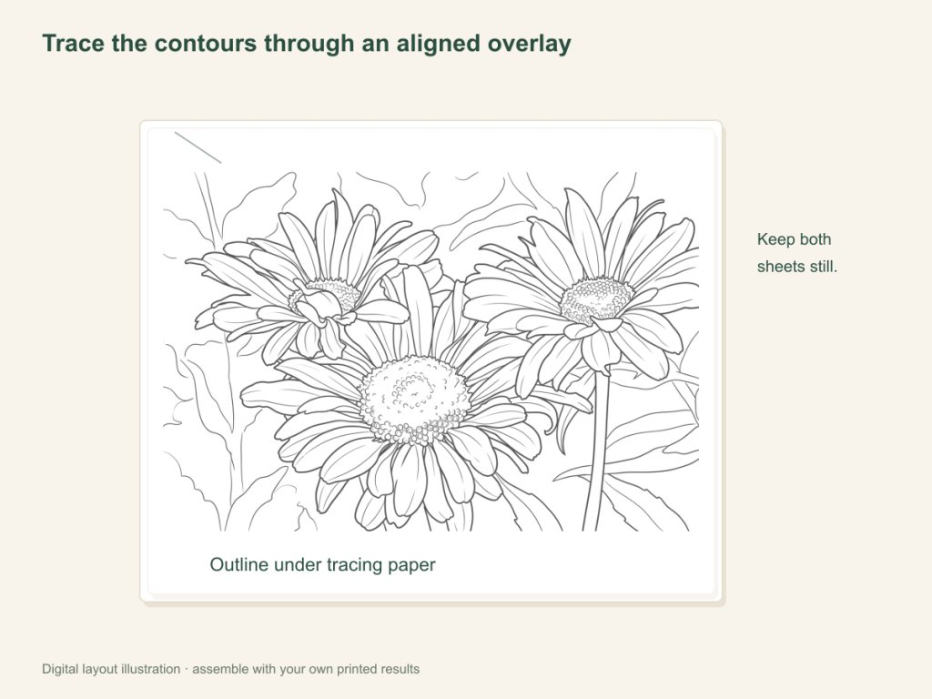 Flower outlines beneath a translucent sheet held in place for tracing