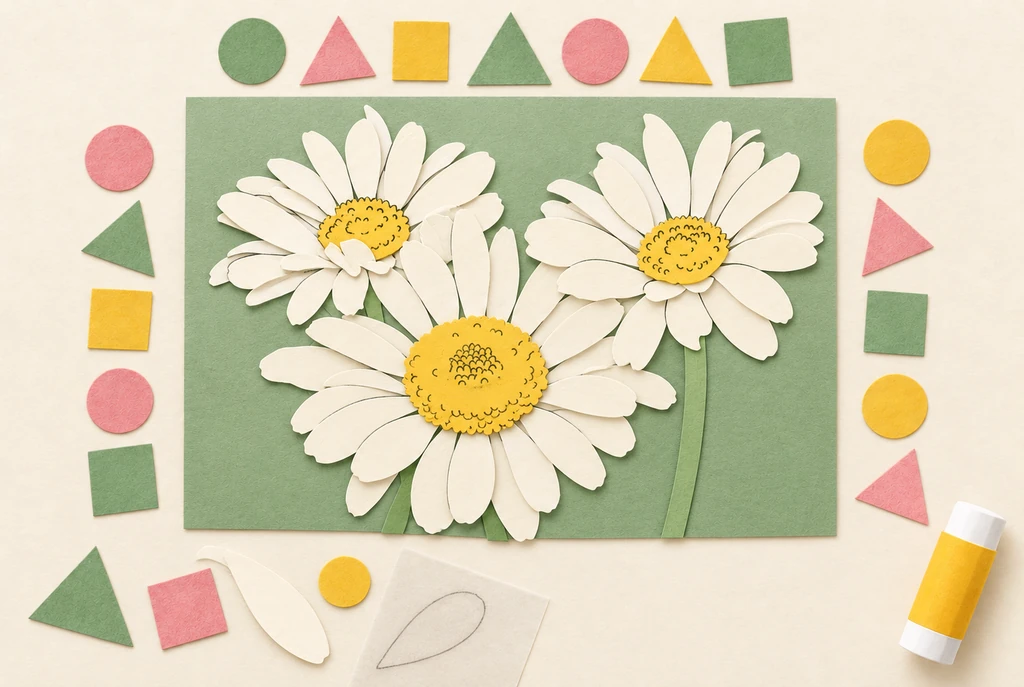 Three flowers assembled from cut paper petals, yellow centers and green stems, with tracing and paper pieces beside them