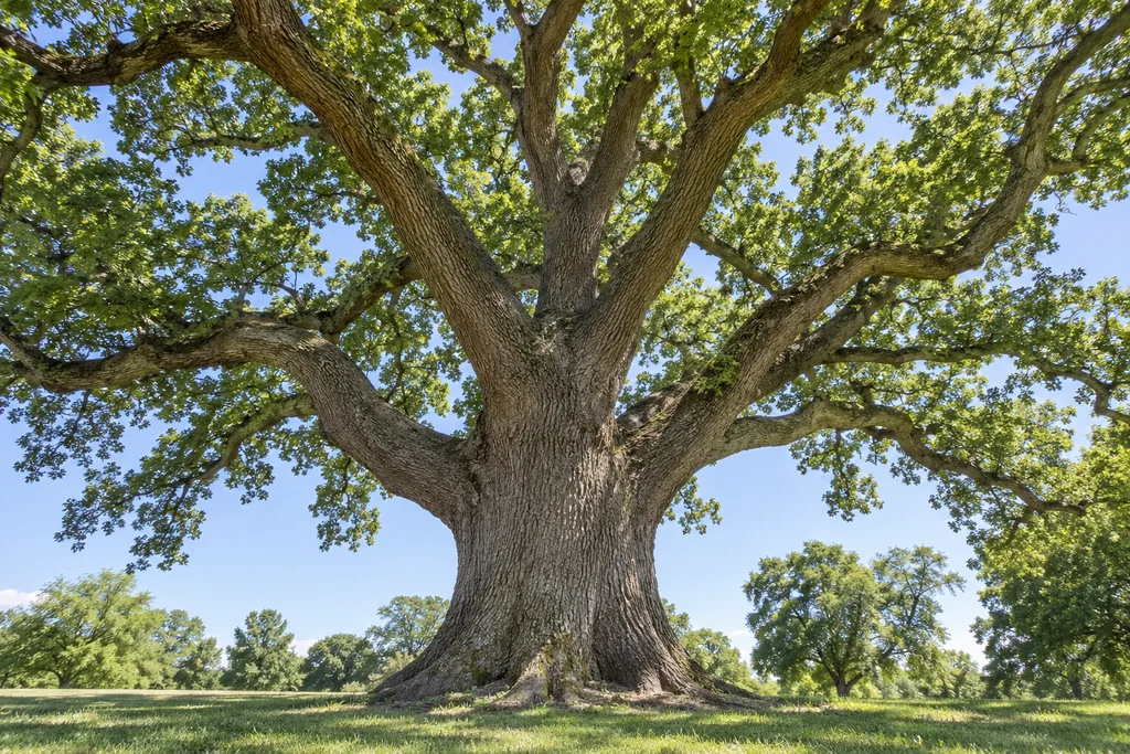 A huge tree viewed from below, with a thick trunk, spreading branches and lawn beneath it