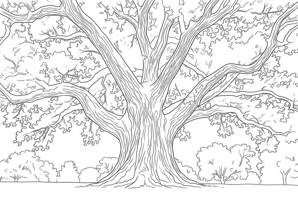 Real AI drawing of the large tree, with spreading branches, leaf clusters, lawn and background trees