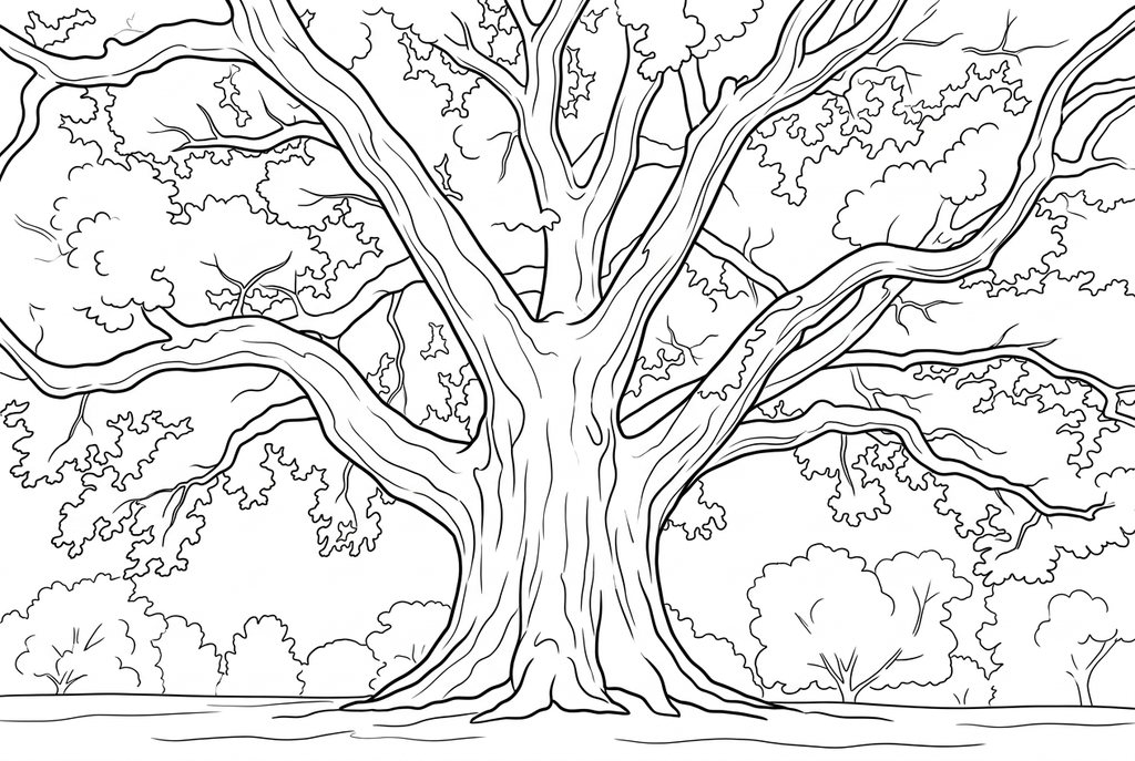 Real Simple AI drawing of a large tree with broad leaf clusters and reduced bark texture