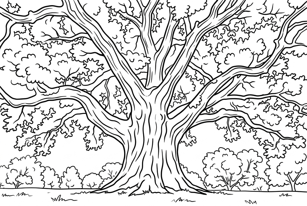 Real Comic AI drawing of a large tree with bold graphic branch and canopy contours