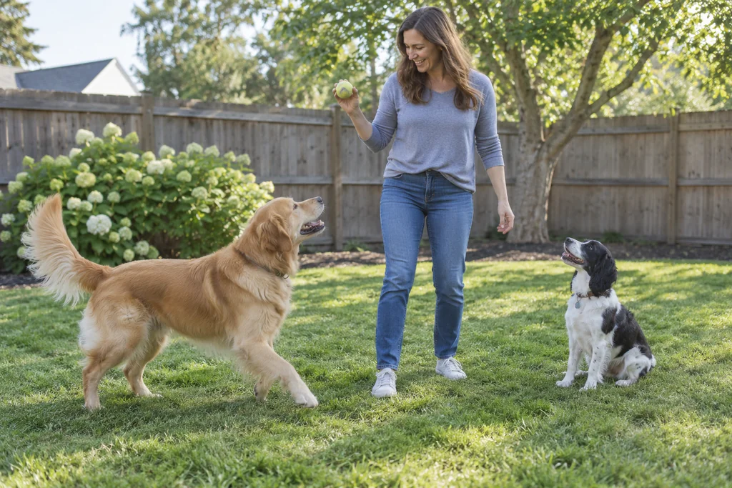 An adult holding a ball beside a golden retriever and a smaller black-and-white dog, with a lawn, fence, tree and flowers