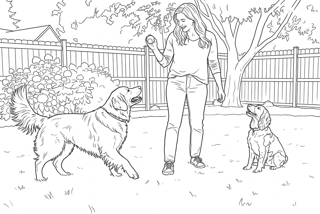 Real AI drawing of the adult, two dogs, fence, tree and garden with open shapes for coloring