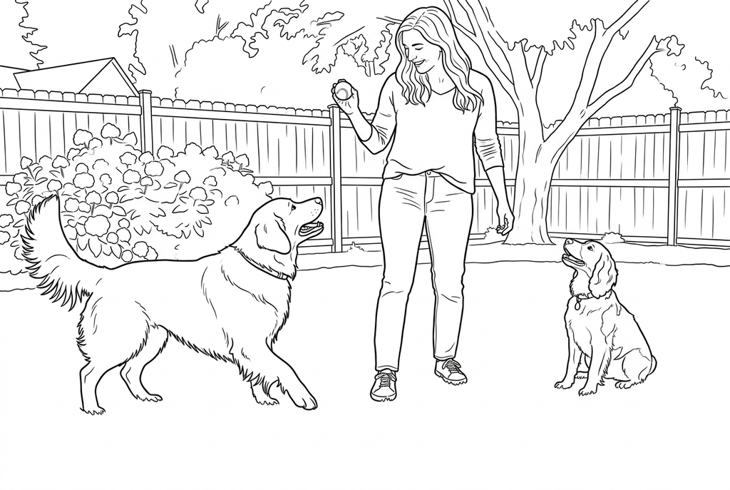Real Simple AI drawing of an adult and two dogs in a backyard, with broad coat shapes and fewer clothing and grass marks
