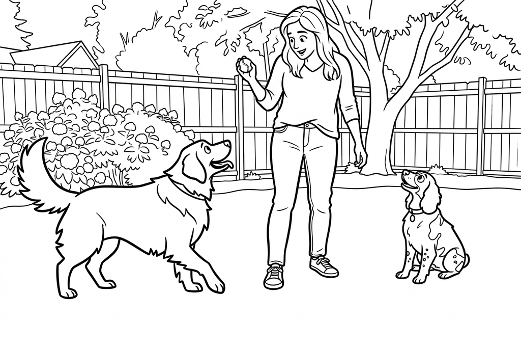 Real Comic AI drawing of an adult playing with two dogs, with graphic fur shapes and a backyard setting